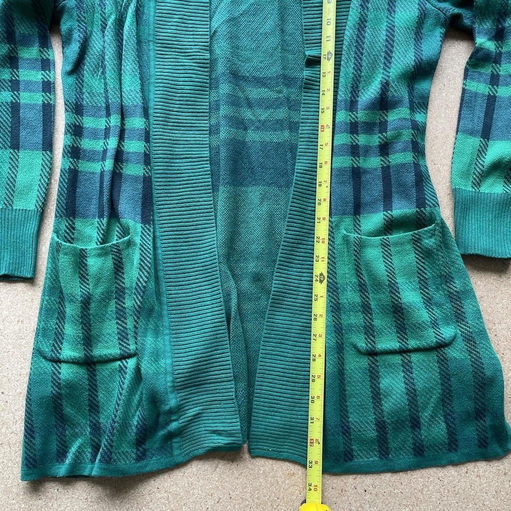 Isaac Mizrahi Live Cardigan Duster Women Medium Green Plaid Jacquard Open Front - Picture 6 of 8